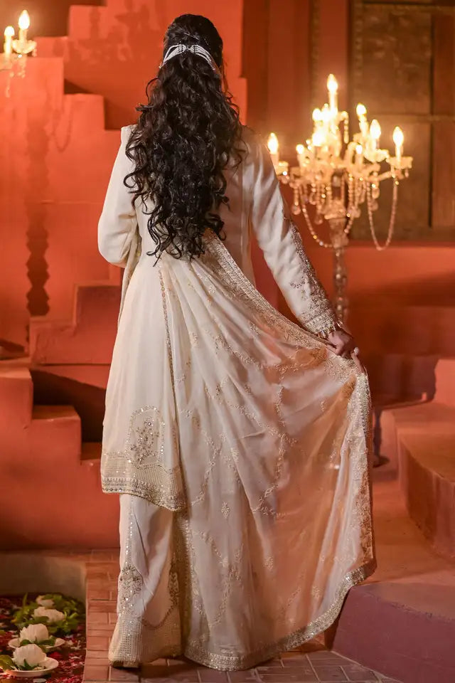 Off-White Embroidered Chiffon Frock with Sharara & Dupatta ( EC104 )