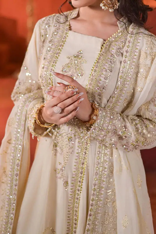 Off-White Embroidered Chiffon Frock with Sharara & Dupatta ( EC104 )