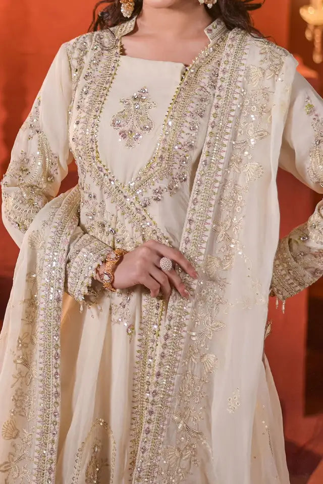 Off-White Embroidered Chiffon Frock with Sharara & Dupatta ( EC104 )
