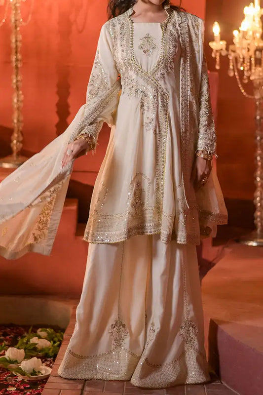 Off-White Embroidered Chiffon Frock with Sharara & Dupatta ( EC104 )
