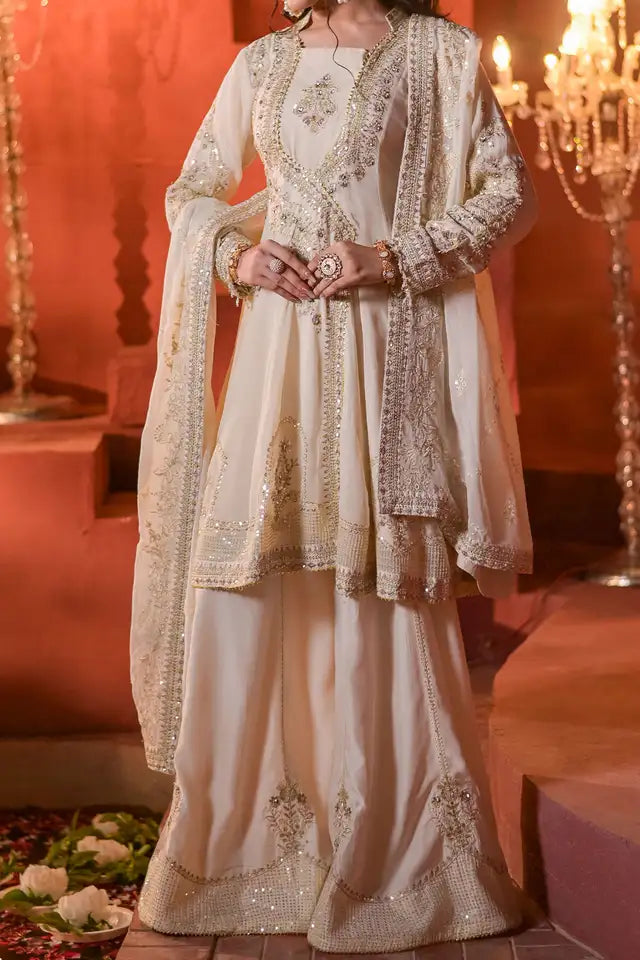Off-White Embroidered Chiffon Frock with Sharara & Dupatta ( EC104 )