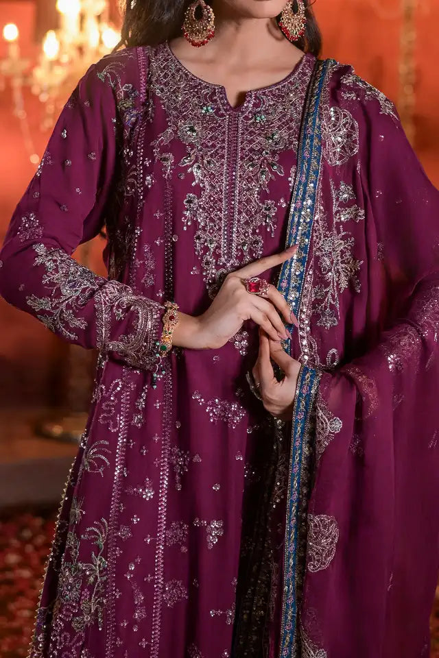 Purple Embroidered Chiffon Long Shirt with Trouser & Chiffon Dupatta