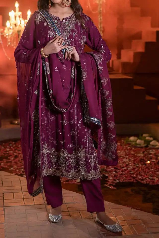 Purple Embroidered Chiffon Long Shirt with Trouser & Chiffon Dupatta