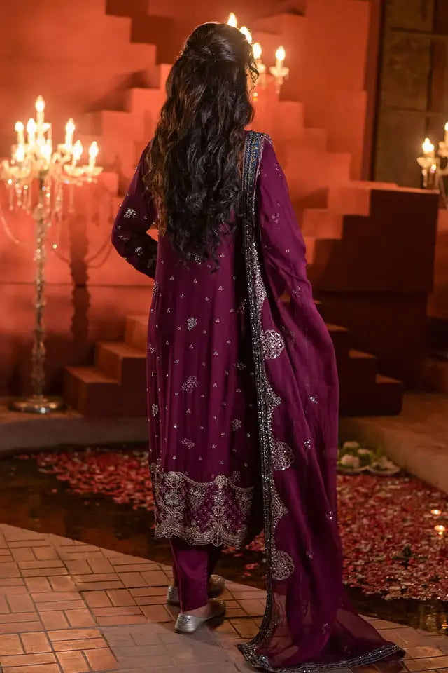 Purple Embroidered Chiffon Long Shirt with Trouser & Chiffon Dupatta