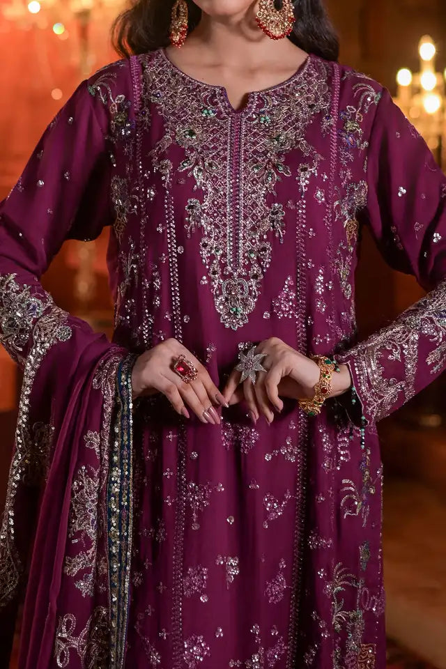 Purple Embroidered Chiffon Long Shirt with Trouser & Chiffon Dupatta
