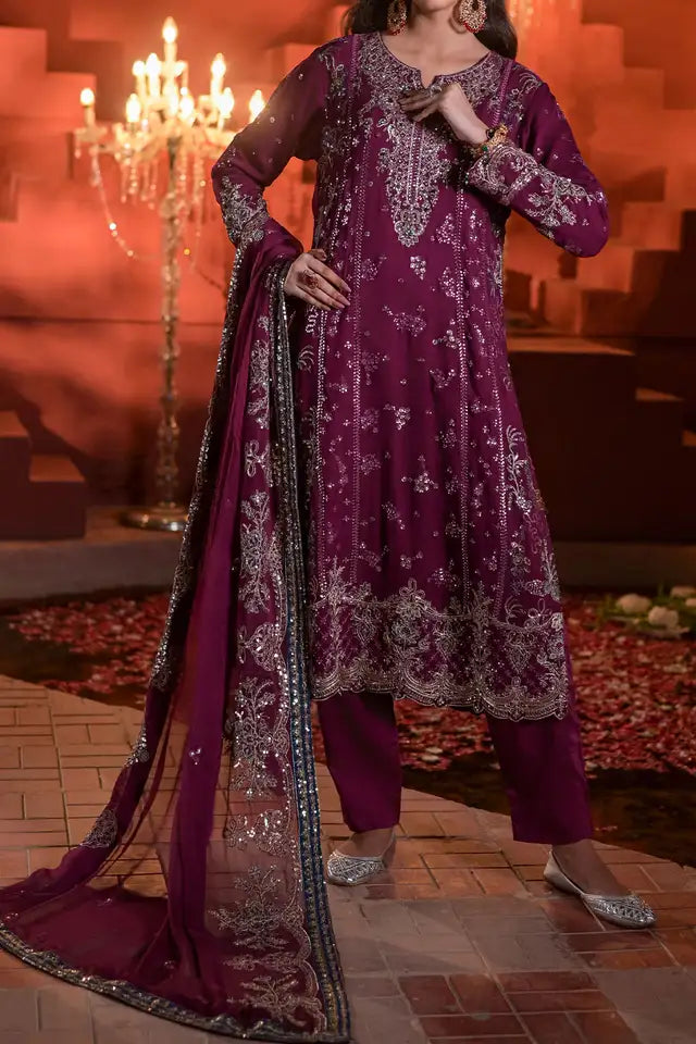 Purple Embroidered Chiffon Long Shirt with Trouser & Chiffon Dupatta