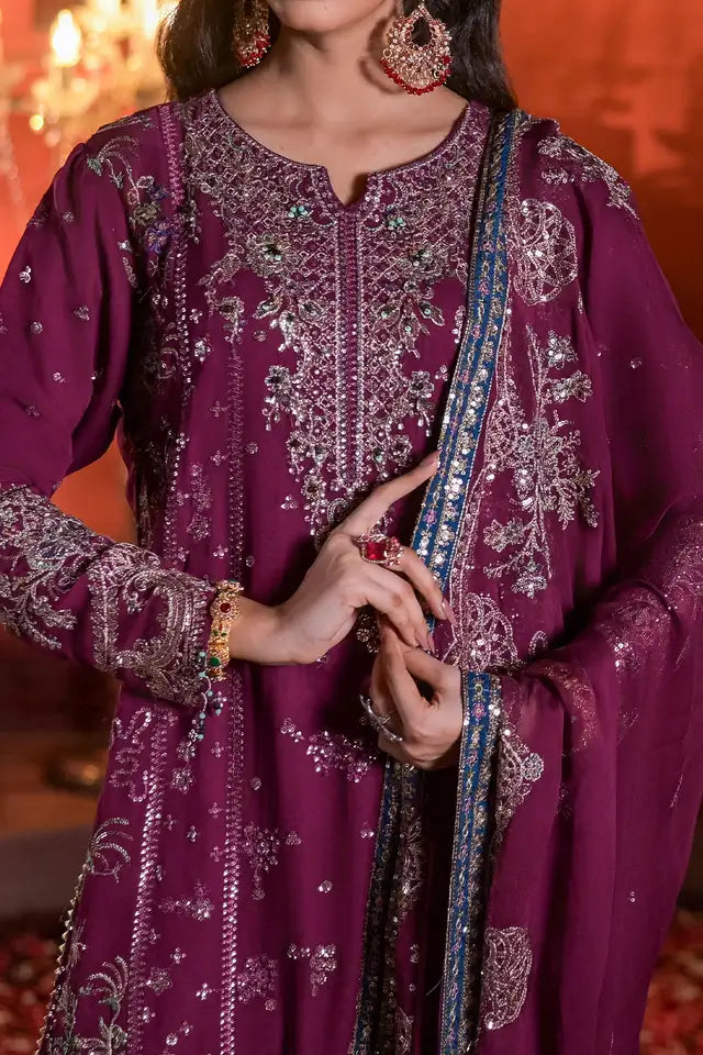 Purple Embroidered Chiffon Long Shirt with Trouser & Chiffon Dupatta
