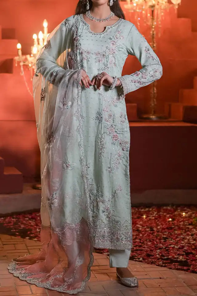 Embroidered Jacquard Long Shirt with Trouser & Organza Dupatta