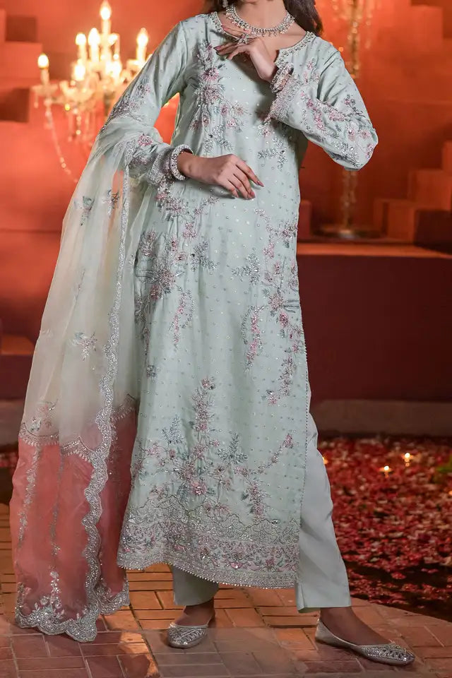 Embroidered Jacquard Long Shirt with Trouser & Organza Dupatta