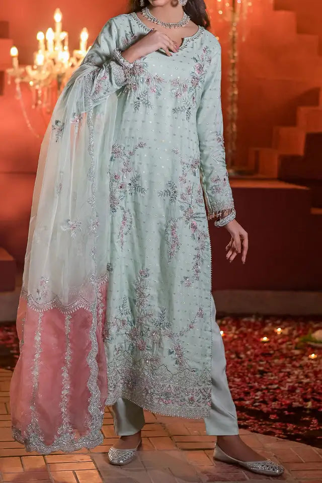Embroidered Jacquard Long Shirt with Trouser & Organza Dupatta