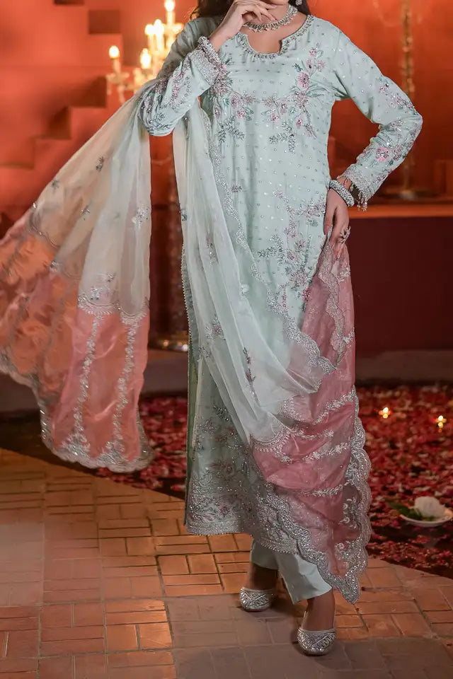 Embroidered Jacquard Long Shirt with Trouser & Organza Dupatta