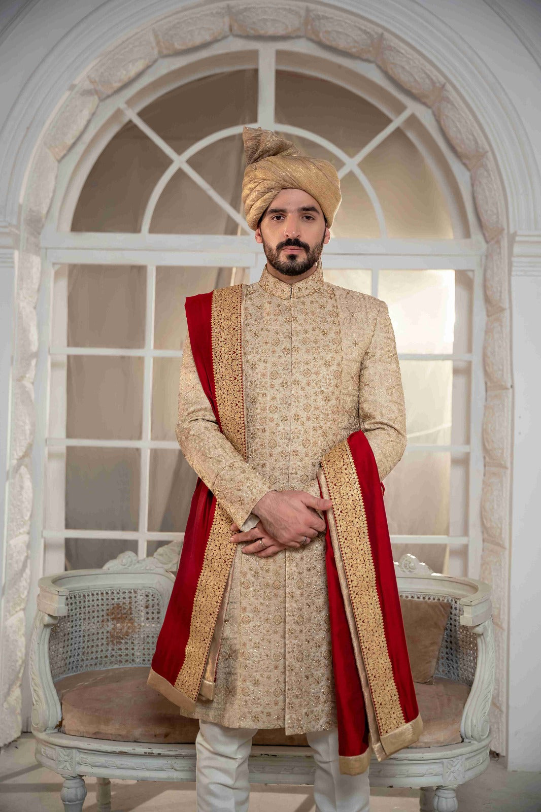 Golden Self Embroidered Kundan Zari Suit with Off White Raw Silk Inner