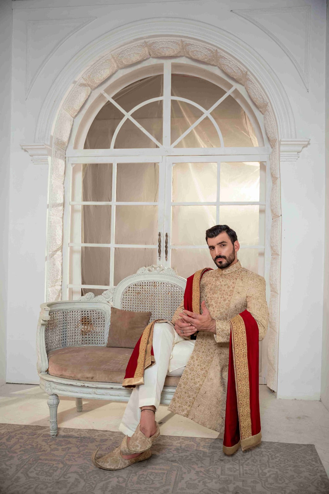 Golden Self Embroidered Kundan Zari Suit with Off White Raw Silk Inner