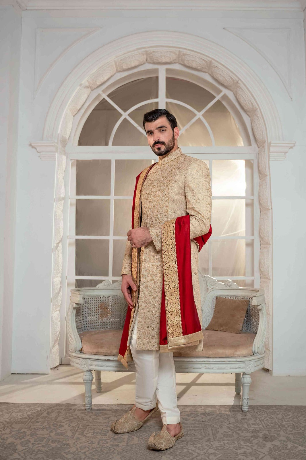 Golden Self Embroidered Kundan Zari Suit with Off White Raw Silk Inner