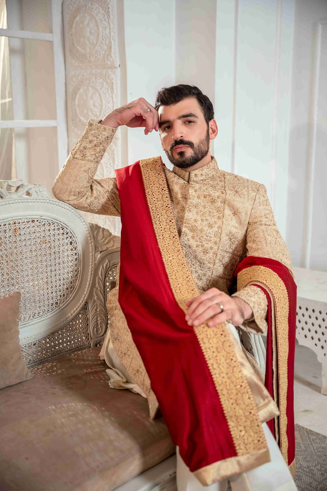 Golden Self Embroidered Kundan Zari Suit with Off White Raw Silk Inner