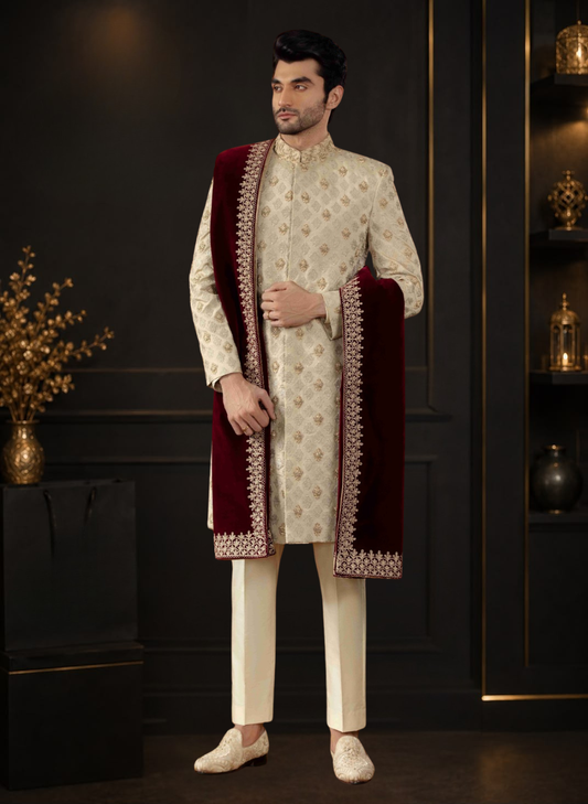 Light Pista Embroidered Silk Wedding Sherwani