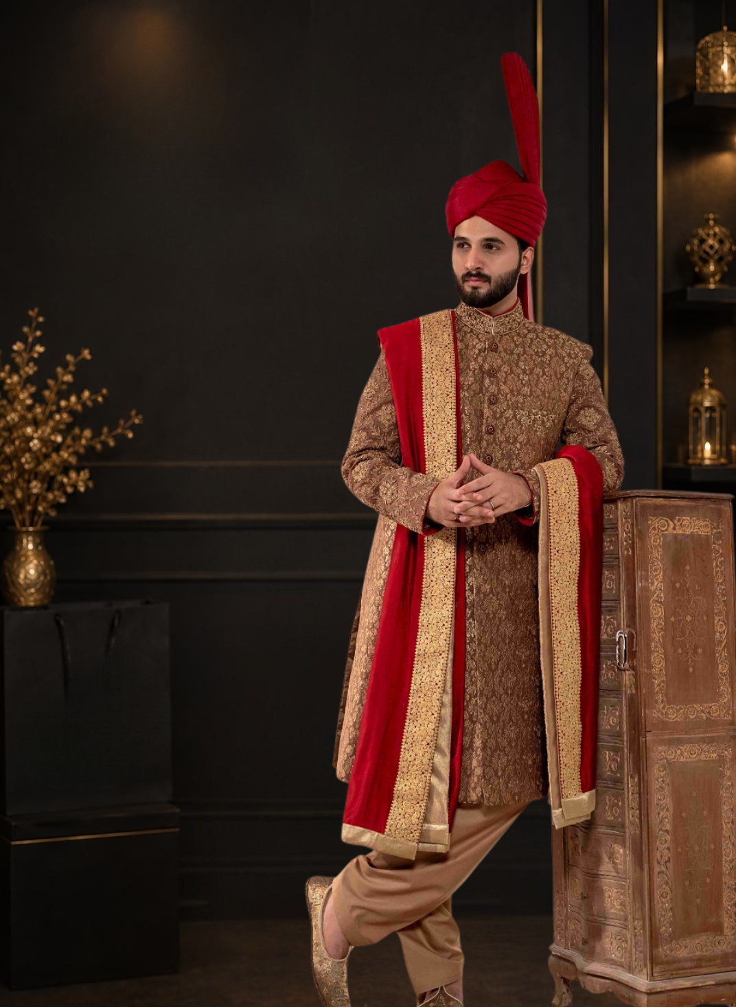 Camel Self Embroidered Jamawar Wedding Sherwani