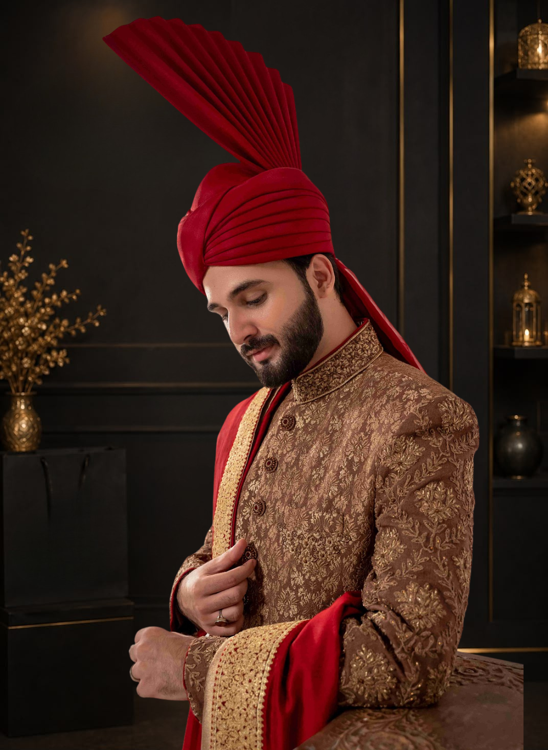 Camel Self Embroidered Jamawar Wedding Sherwani