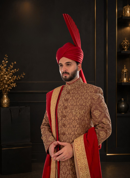 Camel Self Embroidered Jamawar Wedding Sherwani