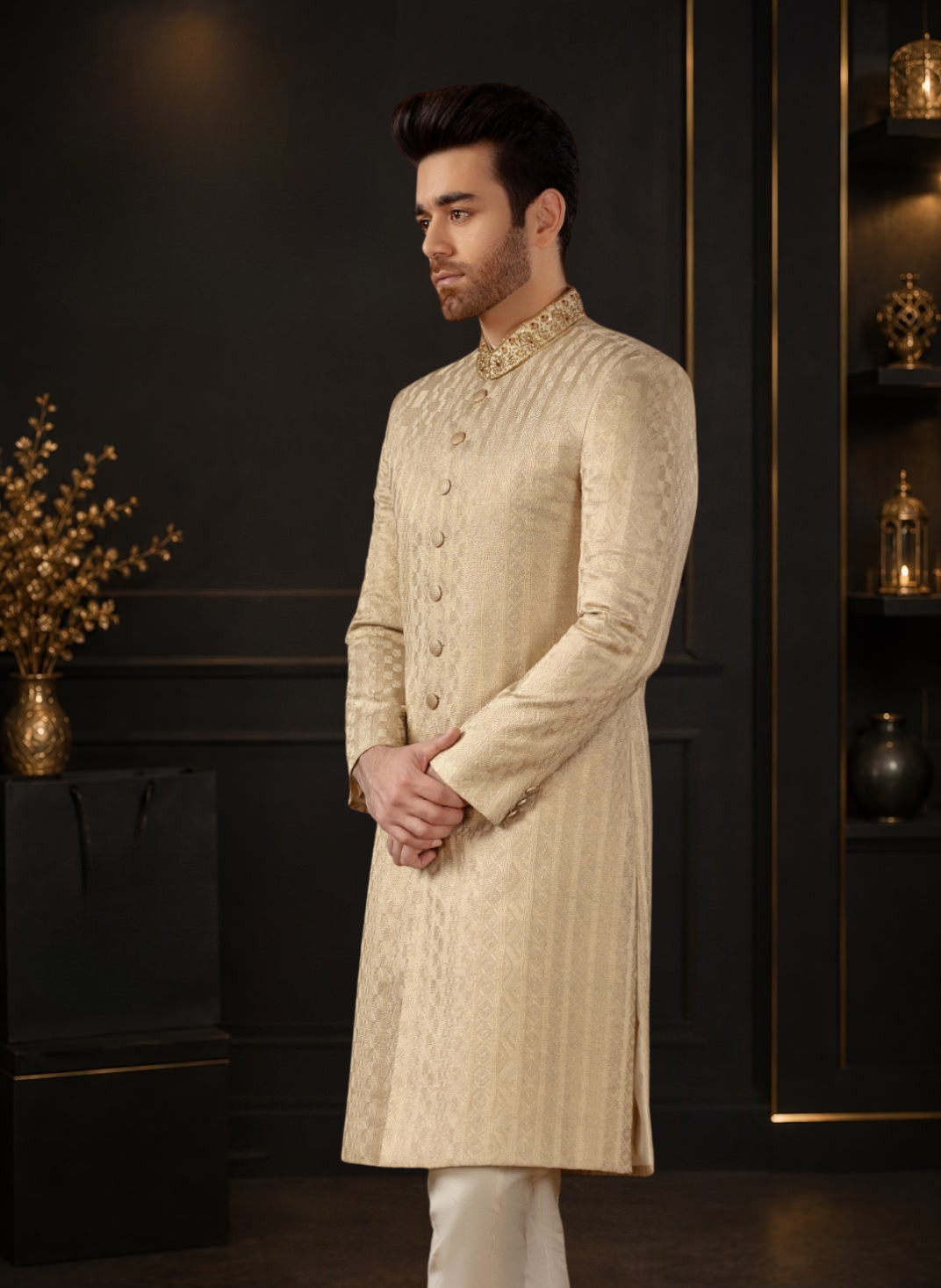 Skin Gold Self Embroidered Kundan Zari Wedding Sherwani