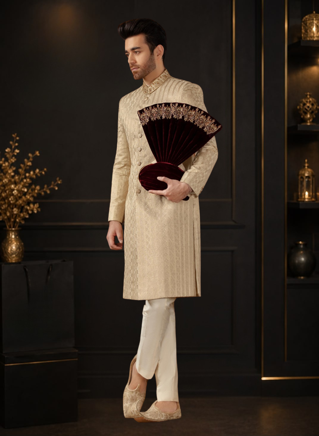 Skin Gold Self Embroidered Kundan Zari Wedding Sherwani