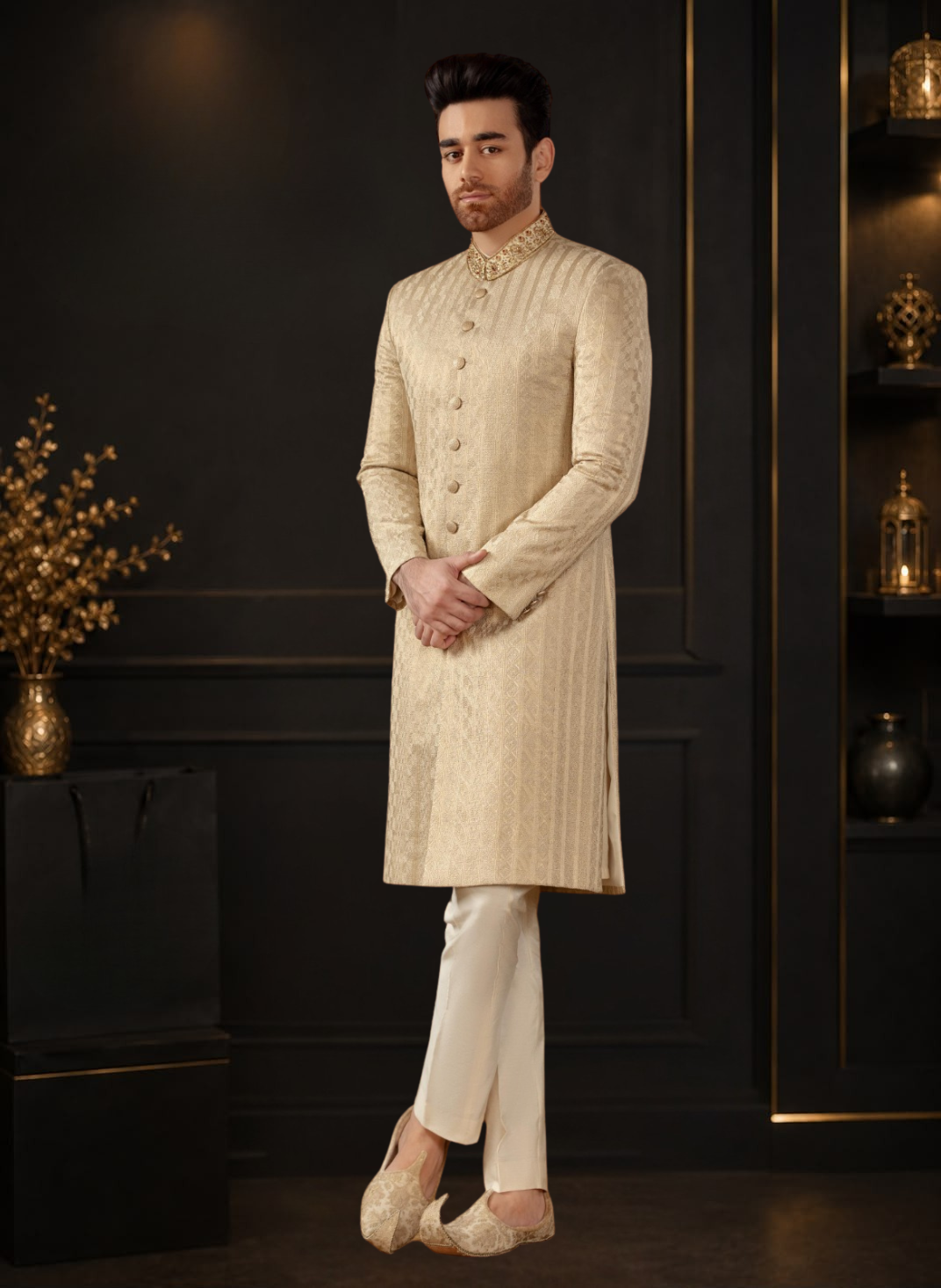 Skin Gold Self Embroidered Kundan Zari Wedding Sherwani