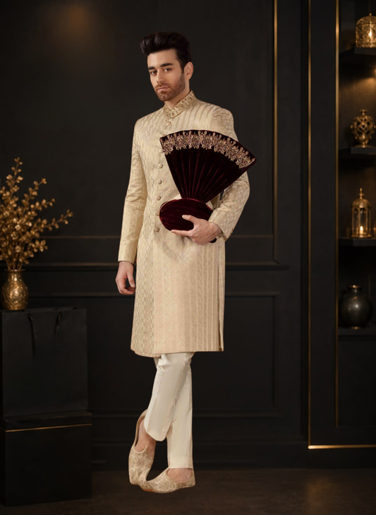 Skin Gold Self Embroidered Kundan Zari Wedding Sherwani