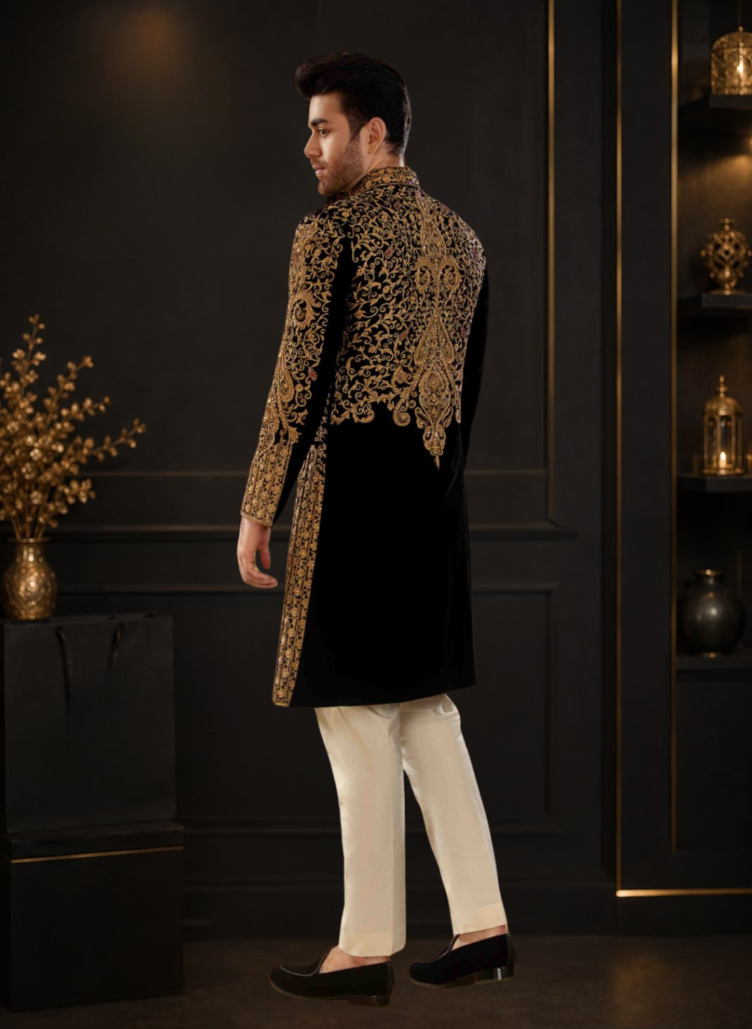 Black Velvet Hand Embellished Wedding Sherwani