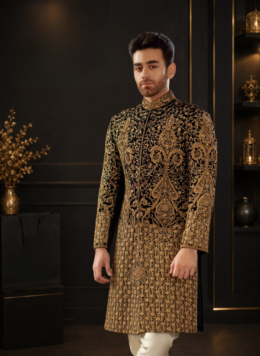 Black Velvet Hand Embellished Wedding Sherwani