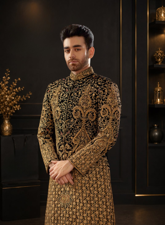 Black Velvet Hand Embellished Wedding Sherwani