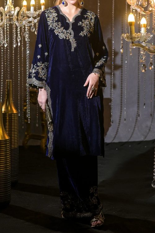 Indian Pakistani party wear blue velvet suit USA