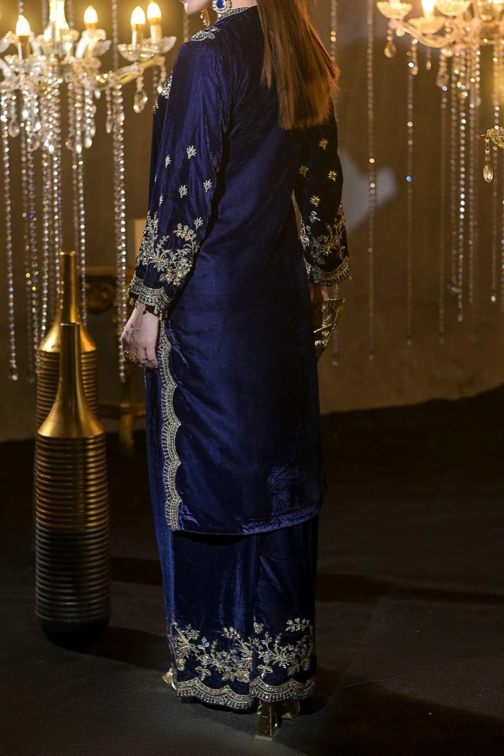 Blue velvet embroidered gown-style 2-piece dress for women