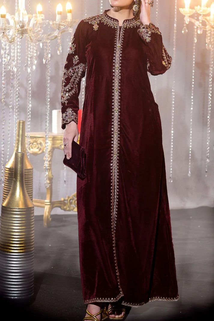 Luxury maroon velvet formal dress with antique zari and sequin work