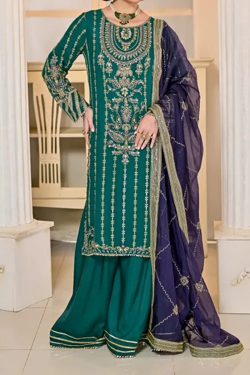 Pakistani Chiffon Long Gown Dress with intricate embroidery and flowing elegant silhouette
