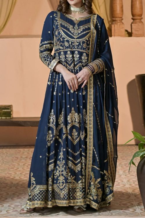 Stitched chiffon long frock with delicate embroidery and flowing silhouette