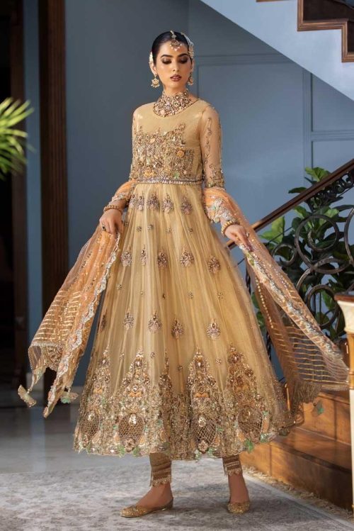 Gold embellished formal dress with dupatta featuring intricate embroidery and elegant silhouette